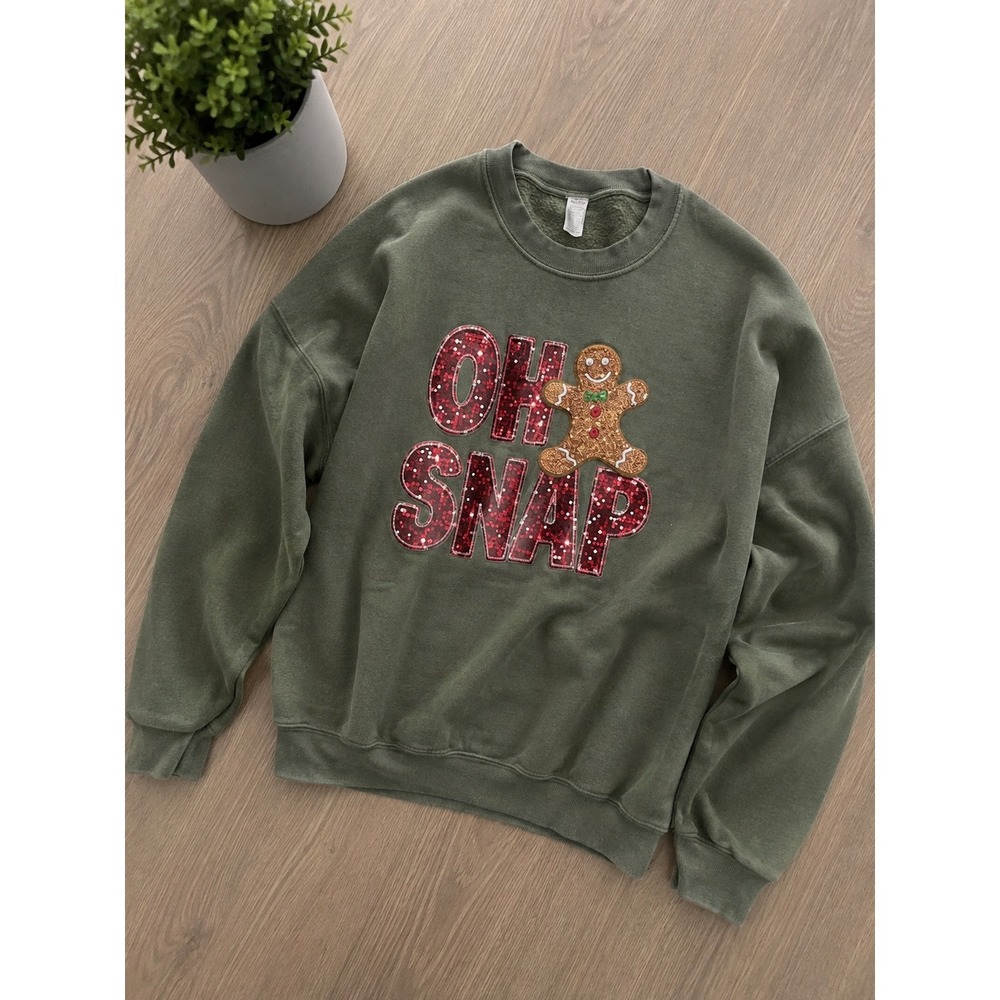 Gildan Oh Snap Gingerbread Man Christmas Sweatshirt Olive Green Large